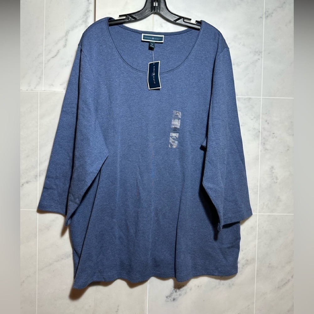 NWT Karen Scott Women Blue Heather Indigo Scoop Neck 3/4 Sleeve T-Shirt Size 3X